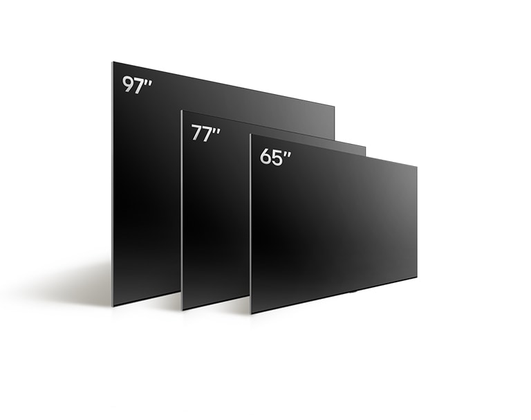 An image comparing LG OLED G4's varying sizes, showing  65", 77", and 97".