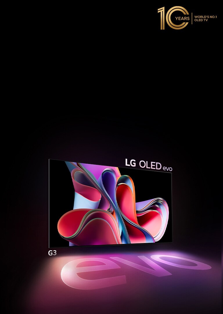 LG OLED G3 evo is shining brightly in a dark space. And on the top right, there is a logo to celebrate the 10th anniversary of OLED.