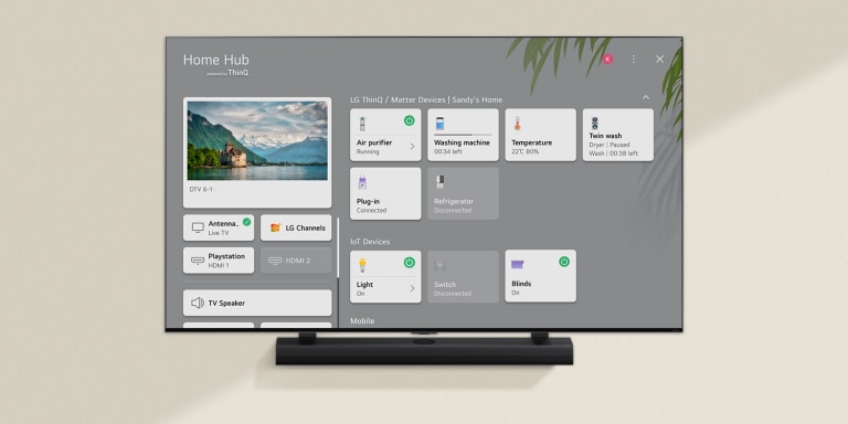 An image of a remote control pointed at an LG TV showing soundbar control settings on the right side of the screen.