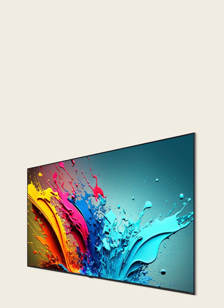 A video opens with words LG QNED against a black background. The words enlarge and fills with color. The scene transitions to LG QNED85, showing a colorful artwork. The screen rotates and LG QNED85 goes against on the wall.