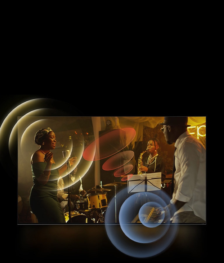 An image of an LG TV showing musicians performing, with bright circle graphics around the space.