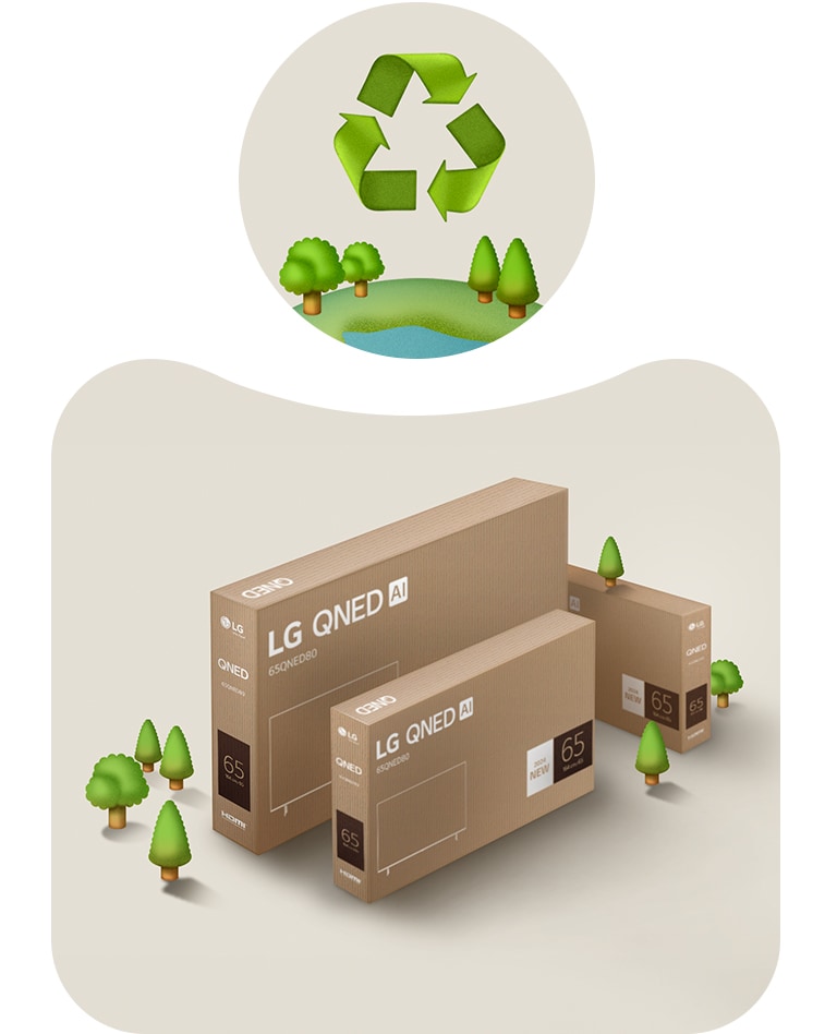 LG QNED packaging against a beige background with illustrated trees.