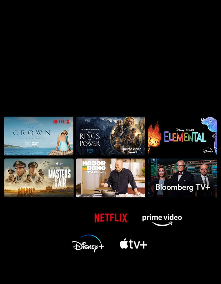 Six thumbnails of movies and TV shows are displayed and the logos of LG Channels, Netflix, Prime Video, Disney+, and Apple TV+ are below.