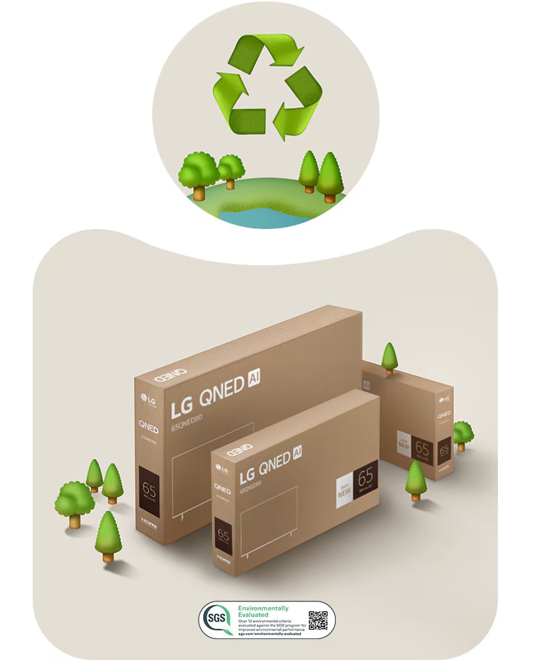 An image of LG QNED packaging against a beige background with illustrated trees.