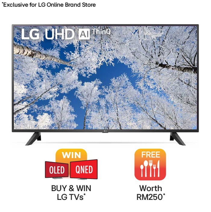 A front view of the LG UHD TV with infill image and product logo on