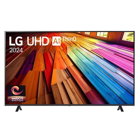 Front view of LG UHD TV, UT80 with text of LG UHD AI ThinQ, 2024, and webOS Re:New Program logo on screen