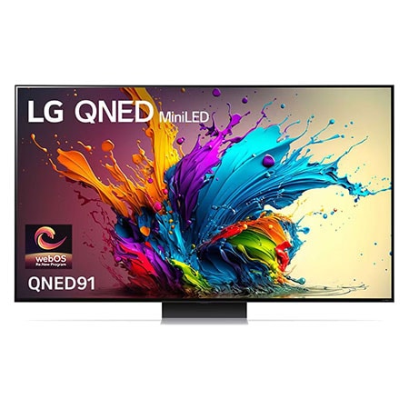 Front view of LG QNED MiniLED TV, QNED91 with text of LG QNED MiniLED AI, 2024, and webOS Re:New Program logo on screen