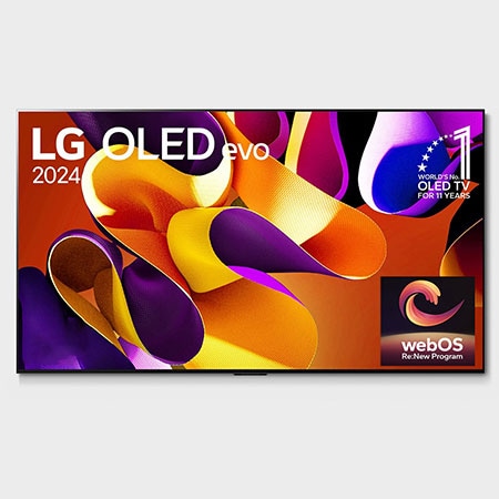 Front view with LG OLED evo AI TV, OLED G4, 11 Years of world number 1 OLED Emblem and webOS Re:New Program logo on screen, as well as the Soundbar below