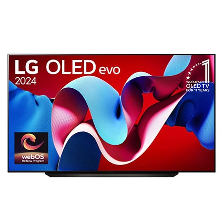 Front view with LG OLED evo AI TV, OLED C4, 11 Years of world number 1 OLED Emblem and webOS Re:New Program logo on screen