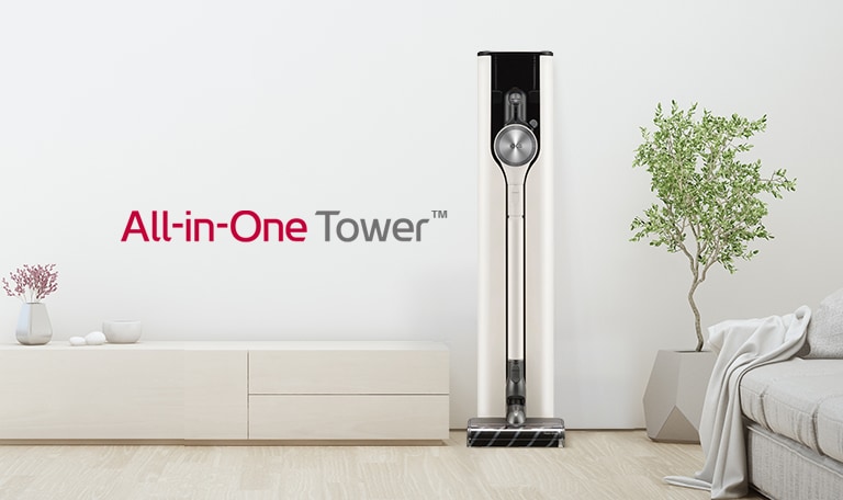 It shows a frontal shot of A9 All-in-One Tower in a white tone modern living room interior.