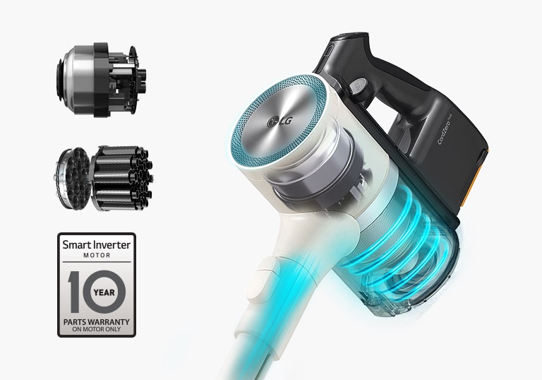 The graphic image shows the Smart Inverter Motor and the Axial Turbo Cyclone. In addition, the vacuum head and the head part are made transparent to show the Smart Inverter Motor installed from the inside.