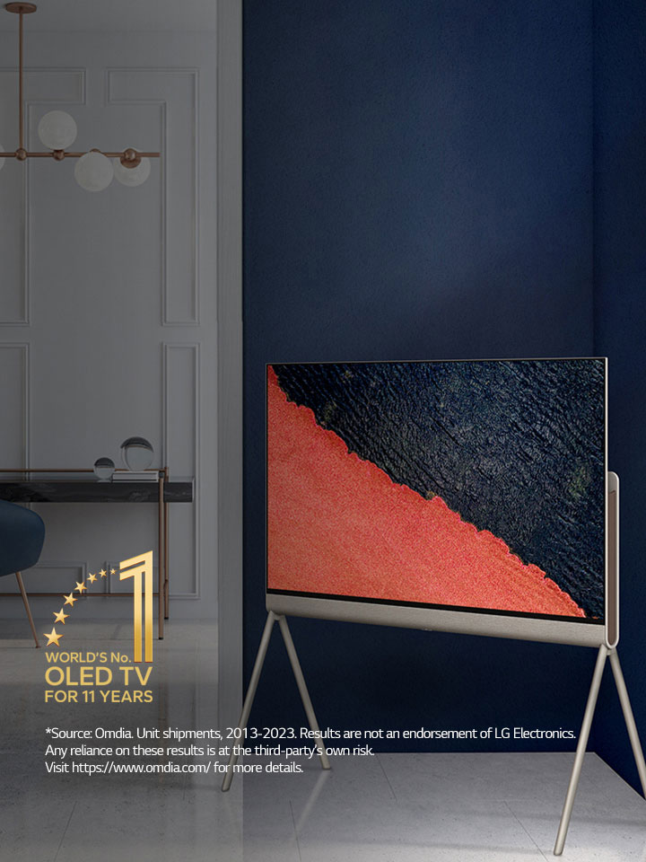 An image of LG OLED evo G3 on the wall of a modern and quirky New York City apartment with a romantic night scene playing on the screen.  10 Year World's No.1 OLED TV emblem.	