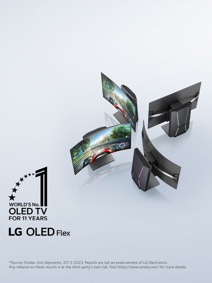 Four LG OLED Flex TVs next to each other at a 45-degree angle. Each has a different level of curvature. Two TVs are seen from the front with a racing game on-screen, and two are seen from behind showing off the Fusion Lighting.