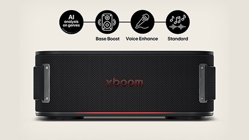 The top of the front image of the LG xboom introduces the &quot;AI analysis on genres&quot; feature. It supports Base Boost, Voice Enhance, and Standard.