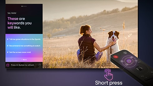 LG OLED TV screen showing how AI Search works. A small chat window is open showing how the user asked for what sports games are available. AI search responded via chat and by showing thumbnails of different available content. There is also a prompt to ask Microsoft Copilot.