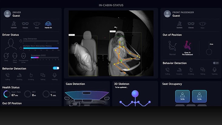 It detects smartphone usage by tracking gaze and 3D body posture, issuing distraction warnings to help the driver stay focused on the road. It detects smartphone usage by tracking gaze and 3D body posture, issuing distraction warnings to help the driver stay focused on the road.