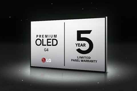 An image of the LG OLED Care+ and 5 Year Panel Warranty logo against a black backdrop.