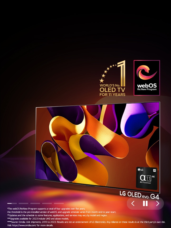 An image of LG OLED evo G4 with an abstract, colorful artwork on screen against a black backdrop with subtle swirls of color. Light radiates from the screen, casting colorful shadows. The α11 AI Processor 4K is at the bottom right corner of the TV screen. The "World's No. 1 OLED TV for 11 Years" emblem is in the image. A disclaimer reads: "Source: Omdia. Unit shipments, 2013-2023. Results are not an endorsement of LG Electronics. Any reliance on these results is at the third-party’s own risk. Visit https://www.omdia.com/ for more details."