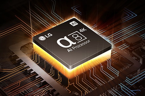 An image of the α8 AI Processor on top of a motherboard, emitting orange and yellow bolts of light.
