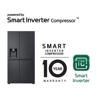 Afbeelding van product met de logo’s Smart Inverter Compressor™ en 10 jaar garantie.