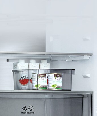 LG bodemvriezer GBBS322CEV interieur met verplaatsbare bak boven Fresh Balancer lade.