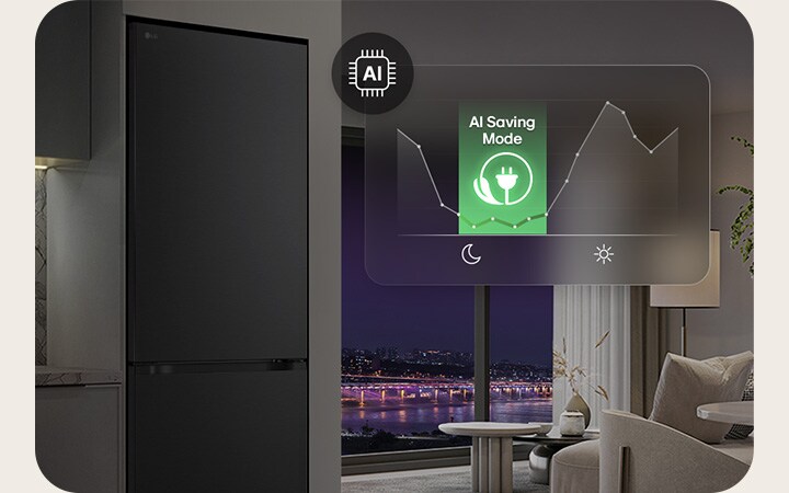 LG bodemvriezer GBBS726CEV in leefruimte met nachtzicht stad en AI Saving Mode energiegrafiek.