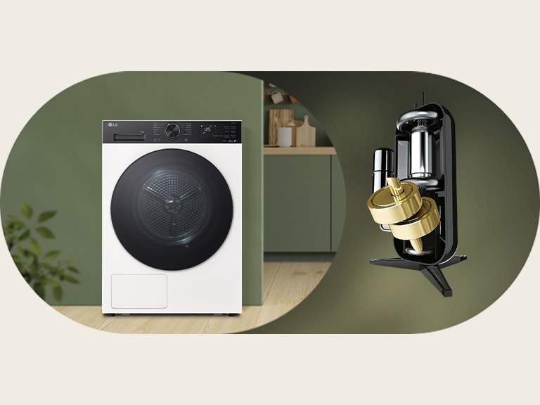 Afbeelding van een LG-droger geplaatst in een interieur met een groenthema, met een visuele nadruk op het AI DUAL Inverter-component