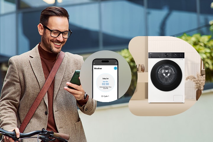 Beeld van een persoon die de LG wasmachine op afstand bedient via de ThinQ™ app.
