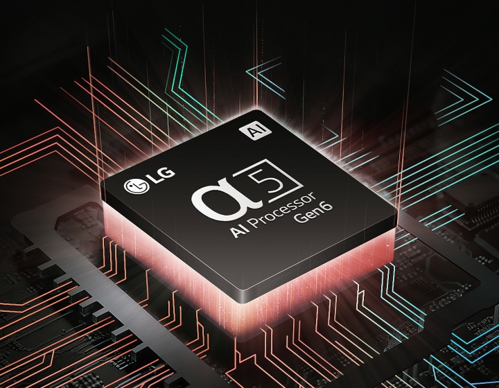 LGs alpha 5 AI Processor Gen6 met rood en groen licht vanuit de onderkant en kleurrijk circuitlampjes die vanuit de AI-processor komen.