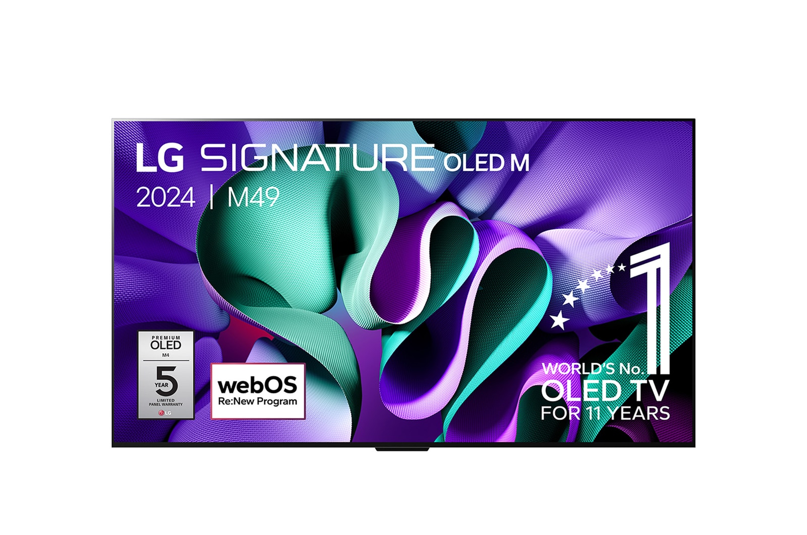 Vooraanzicht met LG OLED evo TV, OLED M4, 11 jaar wereldwijd nummer 1 OLED-logo, webOS Re:New Program-logo, 5 jaar paneelgarantie-logo op het scherm en een Zero Connect Box met 4K 144Hz draadloze video- en audio-overdracht verbonden met een tv en een wifisignaal dat uit de box komt