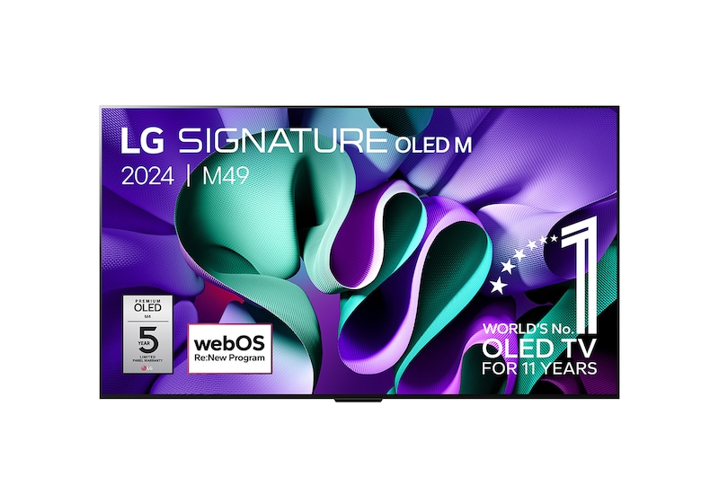 Vooraanzicht met LG OLED evo TV, OLED M4, 11 jaar wereldwijd nummer 1 OLED-logo, webOS Re:New Program-logo, 5 jaar paneelgarantie-logo op het scherm en een Zero Connect Box met 4K 144Hz draadloze video- en audio-overdracht verbonden met een tv en een wifisignaal dat uit de box komt