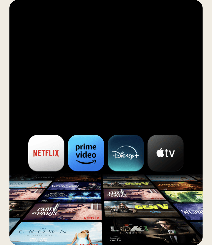 Thumbnails van televisieshows liggen plat op het scherm tegen een zwarte achtergrond en de volgende logo's worden er boven weergegeven: Netflix, Prime Video, Disney+, Apple TV.