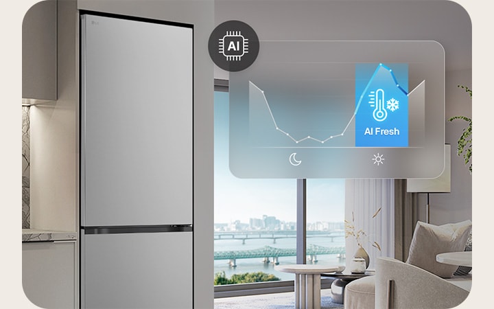 LG bodemvriezer GBBS322BPY in leefruimte met rivierzicht, grafiek en AI Fresh‑icoon.