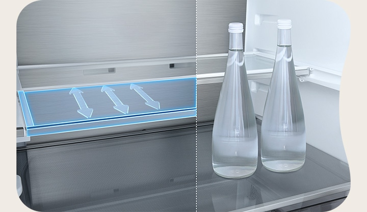 LG koelkast GBBS322BPY plank blauw gemarkeerd; rechterbeeld toont gevouwen plank met flessen.