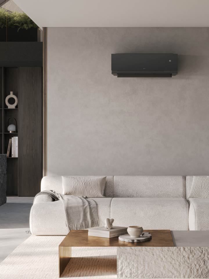 LG ARTCOOL airconditioner met een premium zwart spiegelontwerp en AI Air-functie, die naadloos integreert in een modern interieur.