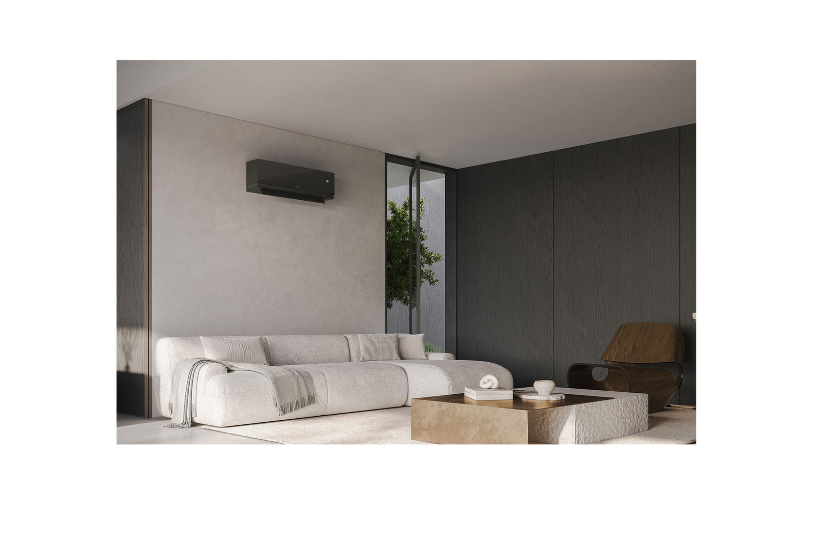 Modern living room with LG air conditioner on the wall