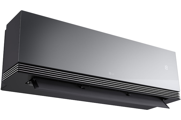 Left low-angle front view of LG ai air conditioner with open lower vane