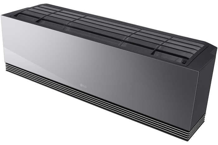 Angled top-front view of LG ai air conditioner with its top panel and grille visible