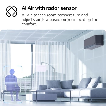 Illustration of LG AI Air technology in a living room with a wall-mounted air conditioner. The system adjusts airflow by sensing room temperature and user location. The accompanying text reads: 'AI Air with radar sensor: AI Air senses room temperature and adjusts airflow based on your location for comfort.'