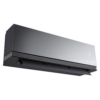 Left low-angle front view of LG ai air conditioner with open lower vane