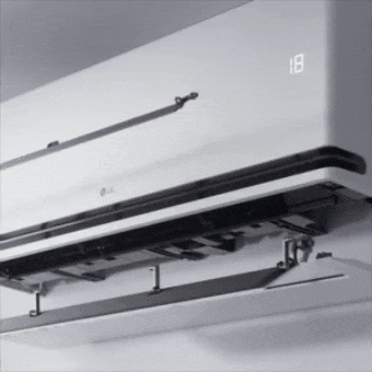 Animatie van een LG airconditioner die de Dual Vane-functionaliteit laat zien voor nauwkeurige luchtstroomregeling.