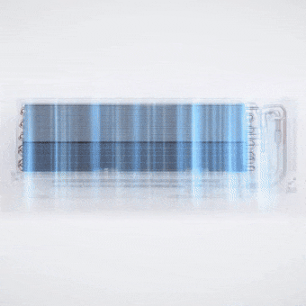 Visualisatie van de all-cleaning technologie in een airconditioner, waarbij een zelfreinigingsproces met blauwe luchtstroom wordt getoond.