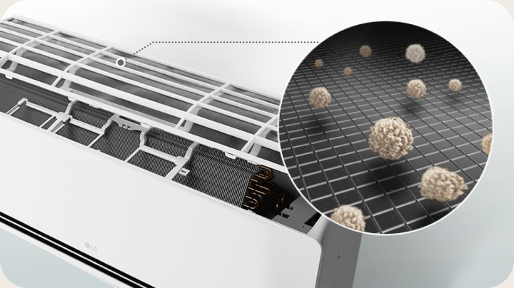 LG airconditioner met geopend paneel, waarbij een pre-filter stofdeeltjes opvangt in een close-up weergave.