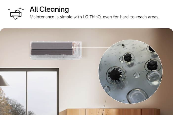 Afbeelding die de All Cleaning-functie van de LG airconditioner toont. De visual benadrukt het interne reinigingsproces, met een close-up waarop vuil en bacteriën worden verwijderd. De tekst luidt: ‘All Cleaning. Onderhoud is eenvoudig met LG ThinQ, zelfs op moeilijk bereikbare plaatsen.’