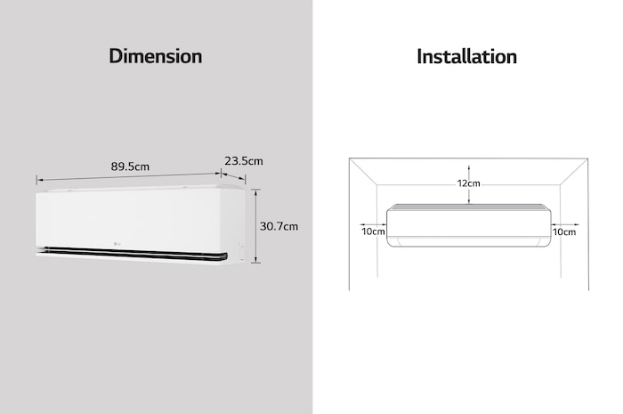 Afbeelding met de afmetingen en installatie-instructies van de LG airconditioner. Afmetingen: 89,5 cm breed, 23,5 cm diep en 30,7 cm hoog. Installatie: Vereist 10 cm vrije ruimte aan beide zijden en 12 cm erboven.