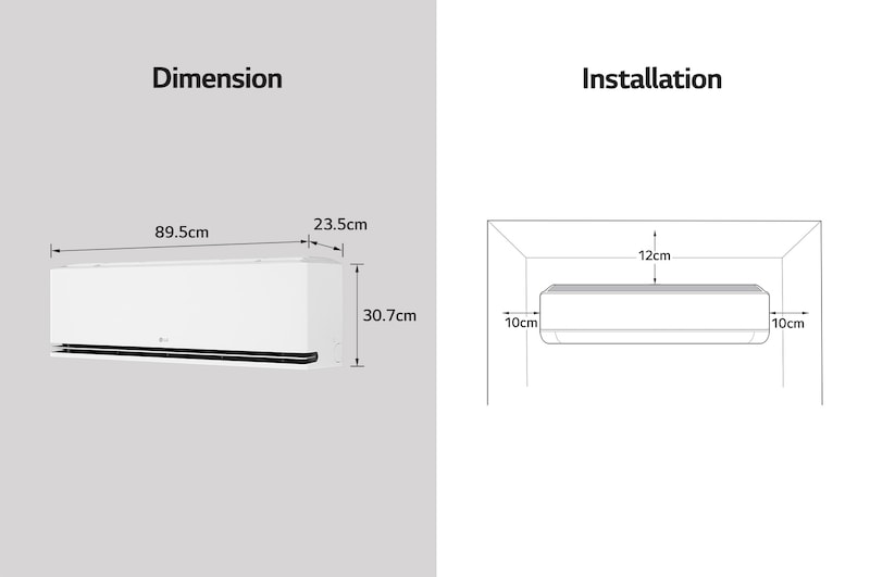 Afbeelding met de afmetingen en installatie-instructies van de LG airconditioner. Afmetingen: 89,5 cm breed, 23,5 cm diep en 30,7 cm hoog. Installatie: Vereist 10 cm vrije ruimte aan beide zijden en 12 cm erboven.