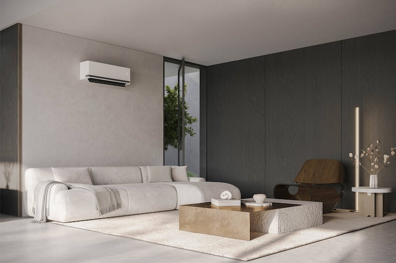Moderne woonkamer met een LG airconditioner aan de muur.