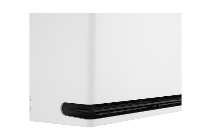 Close-up zijaanzicht van de LG AI airconditioner, waarbij de details van de luchtventilatie zichtbaar zijn.