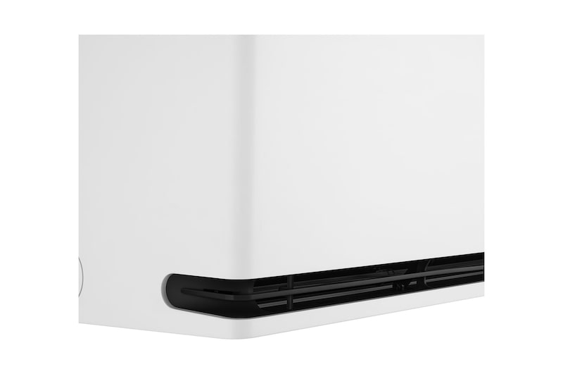 Close-up zijaanzicht van de LG AI airconditioner, waarbij de details van de luchtventilatie zichtbaar zijn.
