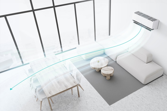 Woonkamer met LG airconditioner die dual vane gebruikt om de luchtstroom efficiënter over de eet- en bankzones te verdelen.